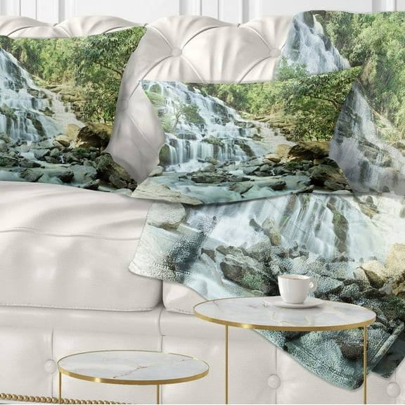 Designart Maeyar Waterfall in Rain - Landscape Photography Throw Pillow - 12x20