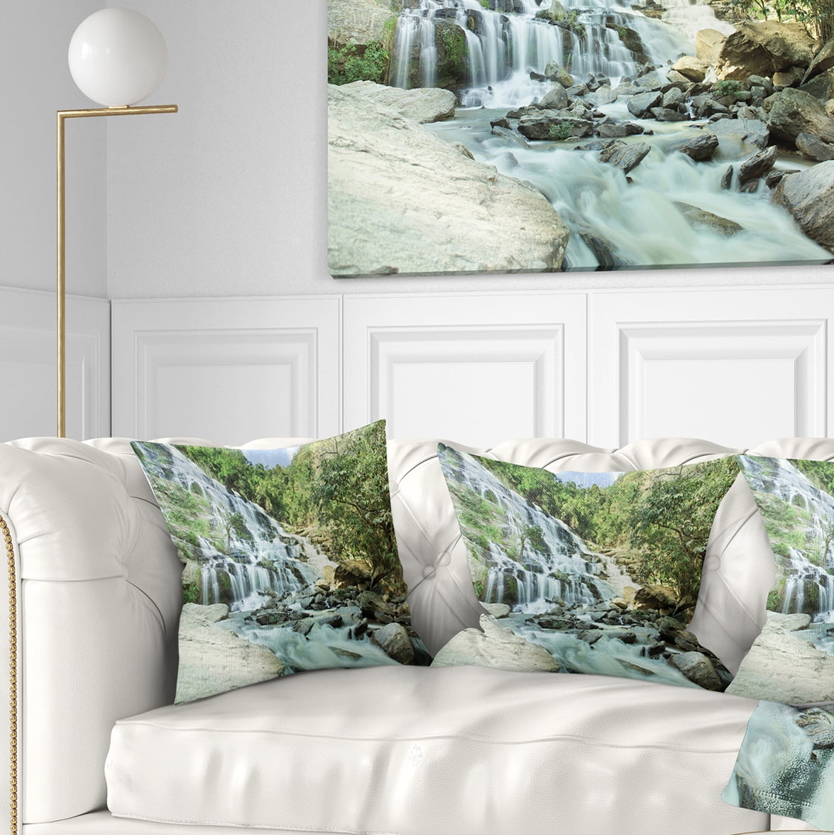 Designart Maeyar Waterfall in Rain - Landscape Photography Throw Pillow - 18x18