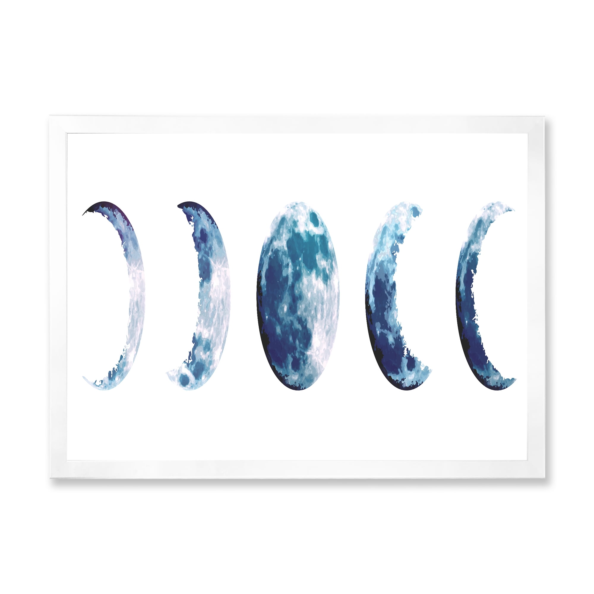 Designart 'Magic Blue Moon Phases On White' Bohemian & Eclectic Framed Art Print