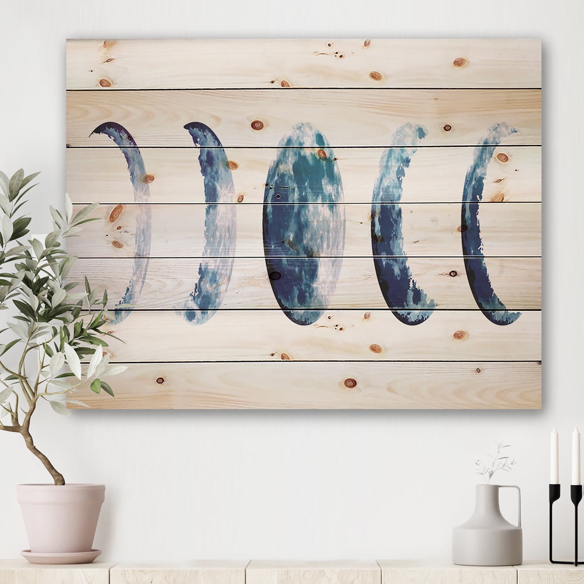 Designart 'Magic Blue Moon Phases On White' Bohemian & Eclectic Print on Natural Pine Wood