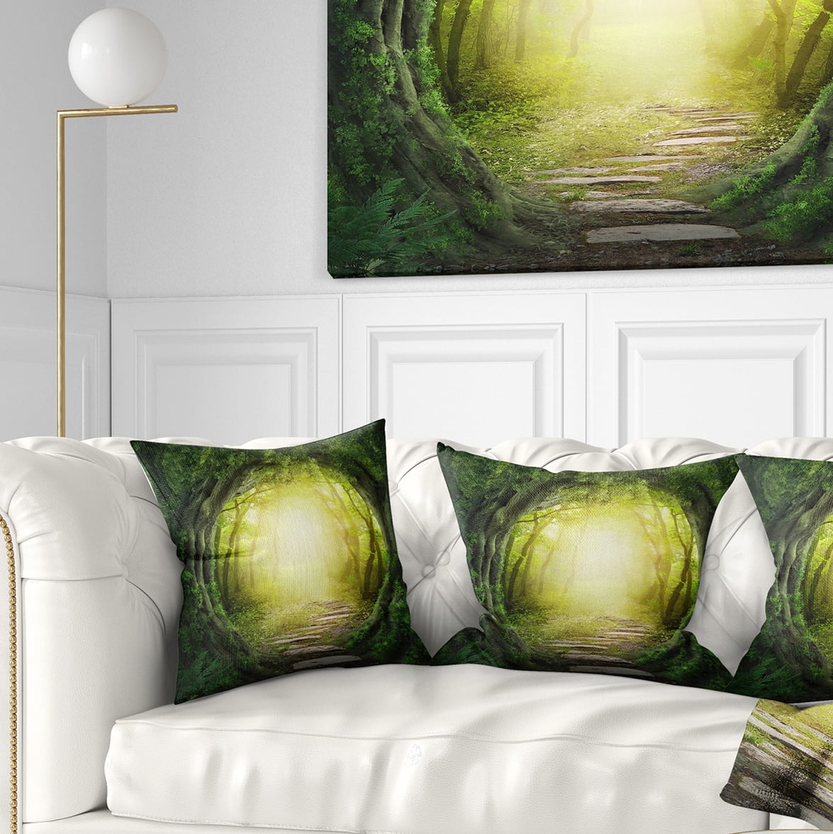 Designart Magic Green Forest - Landscape Photography Throw Pillow - 16x16