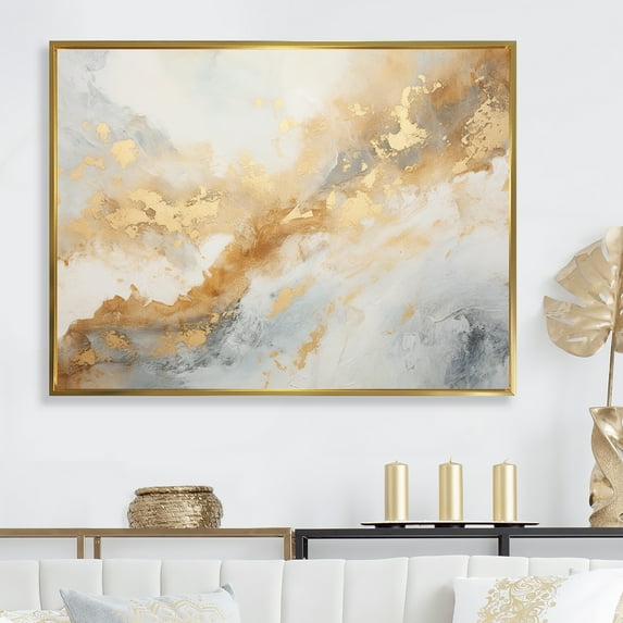 Designart "Magic Marble Geode In Gold And White III" Abstract Marble Floater Framed Wall Art Living Room
