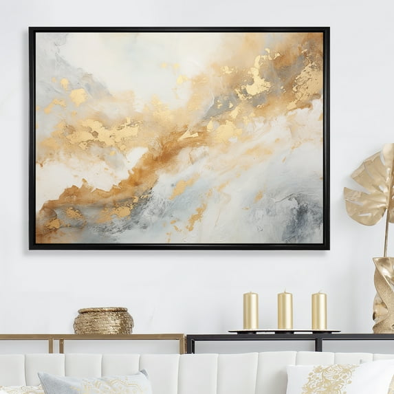 Designart "Magic Marble Geode In Gold And White III" Abstract Marble Floater Framed Wall Art Living Room