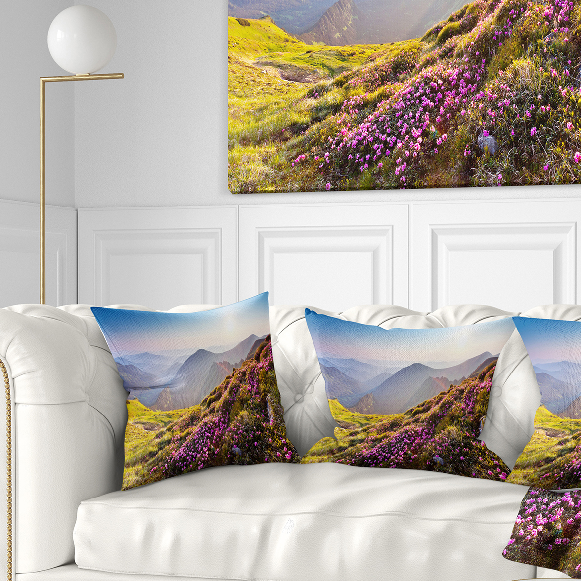 Designart Magic Pink Flowers on Mountains - Landscape Photography Throw Pillow - 18x18