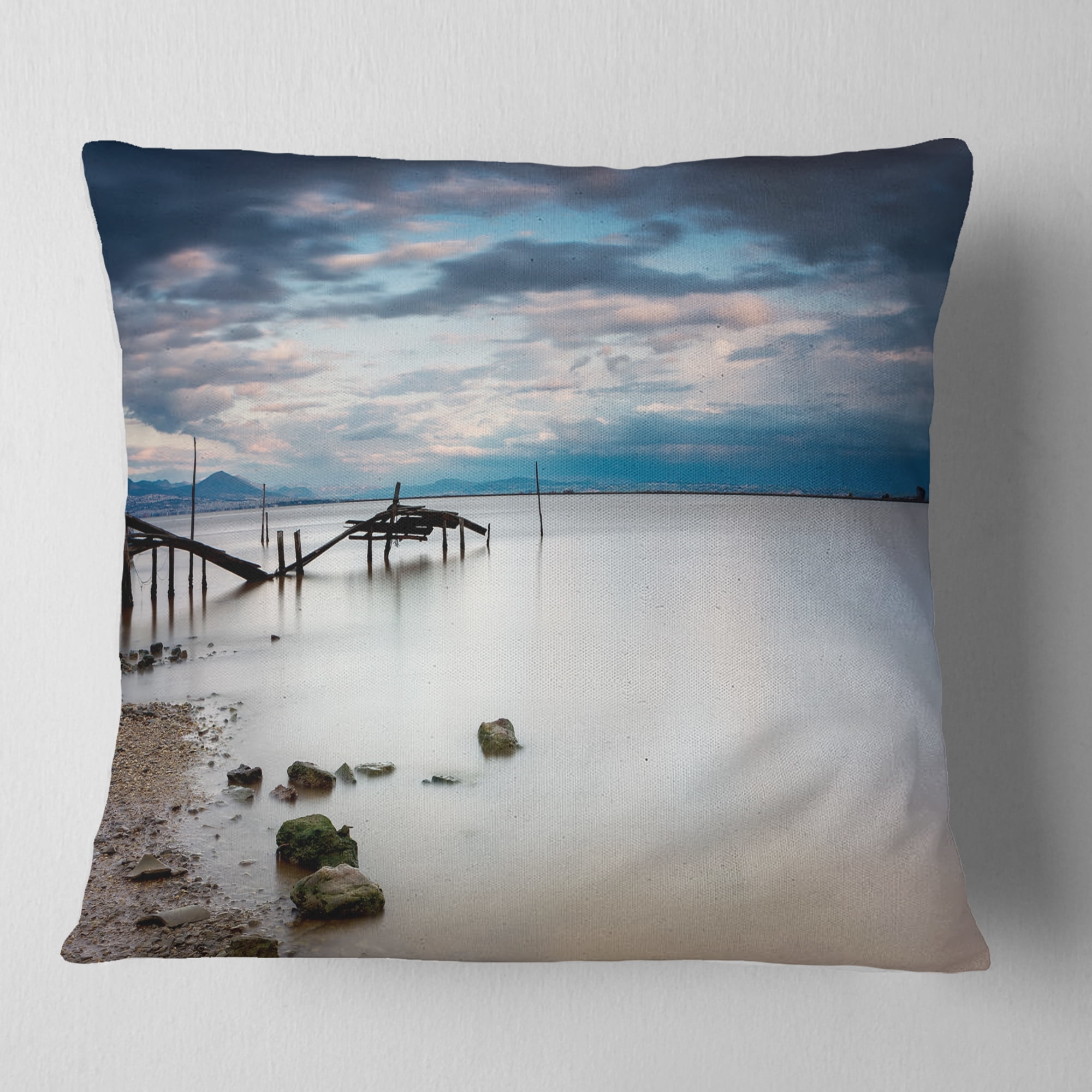 Designart Magic Sunrise with Old Wooden Pier - Pier Seascape Throw Pillow - 18x18