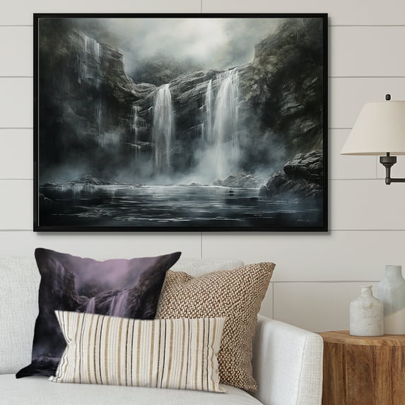 Designart "Magical Cliff Waterfall Scenery I" Waterfall Floater Framed Wall Art Living Room