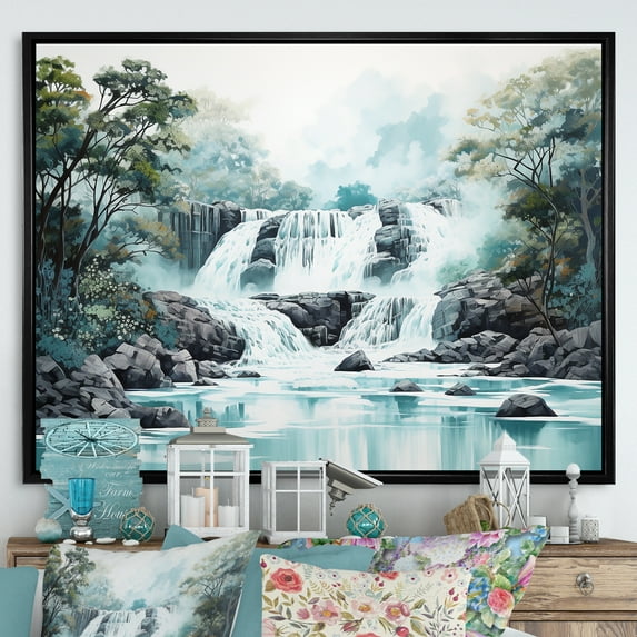 Designart "Magical Cliff Waterfall Scenery II" Waterfall Floater Framed Canvas Wall Art