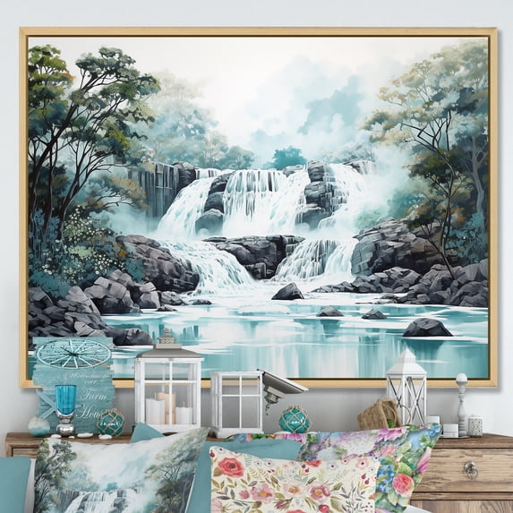 Designart "Magical Cliff Waterfall Scenery II" Waterfall Floater Framed Canvas Wall Art