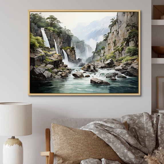 Designart "Magical Cliff Waterfall Scenery III" Waterfall Floater Framed Canvas Prints