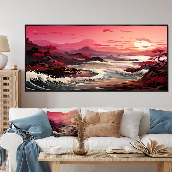 Designart "Magical Dusk in Pink and Yellow II" Oversized Coastal Framed Wall Art - Coastal Pink Coastal Sunset Bedroom Framed Canvas Wall Art