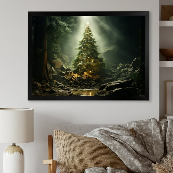 Designart "Magical Green Christmas Tree" Landscapes Framed Wall Art Decor - Traditional Green Winter Landscape Entryway Framed Wall Art