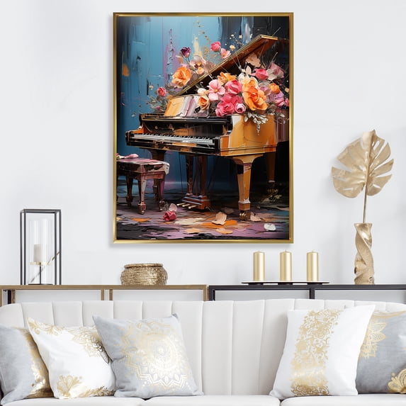 Designart "Magical Melody on Floral Piano II" Music Framed Wall Art - Vintage Yellow Music Piano Living Room Framed Canvas Art