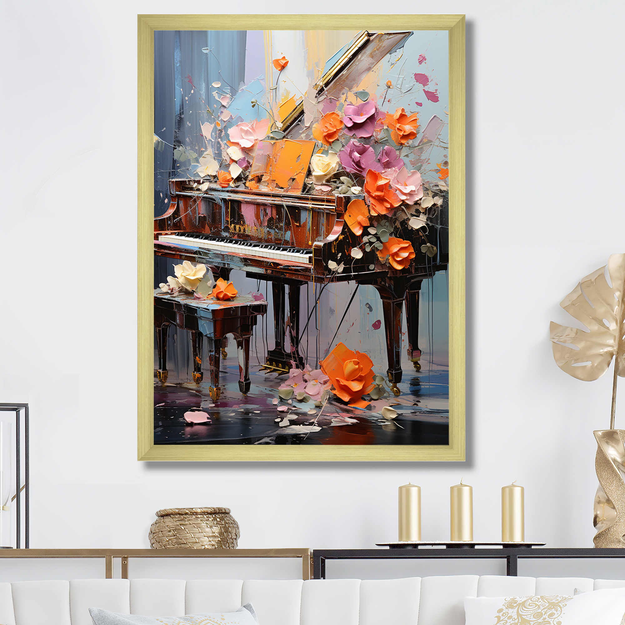 Designart "Magical Melody on Floral Piano III" Music Framed Wall Art ...