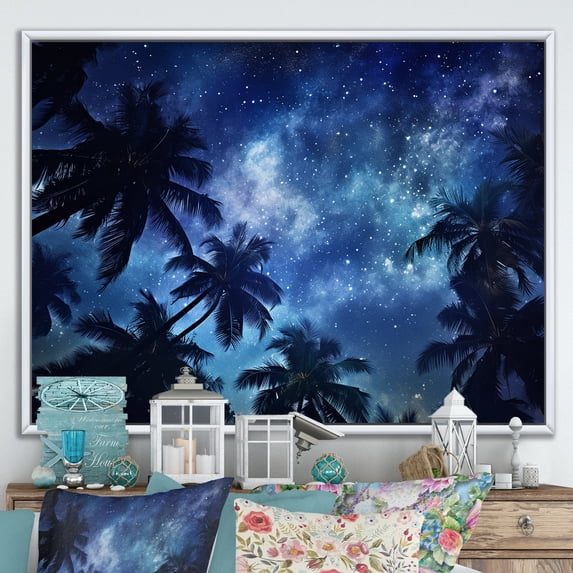 Designart "Magical Night With Sapphire Palm Tree I" Palms & Palm Trees Floater Framed Canvas Art Print