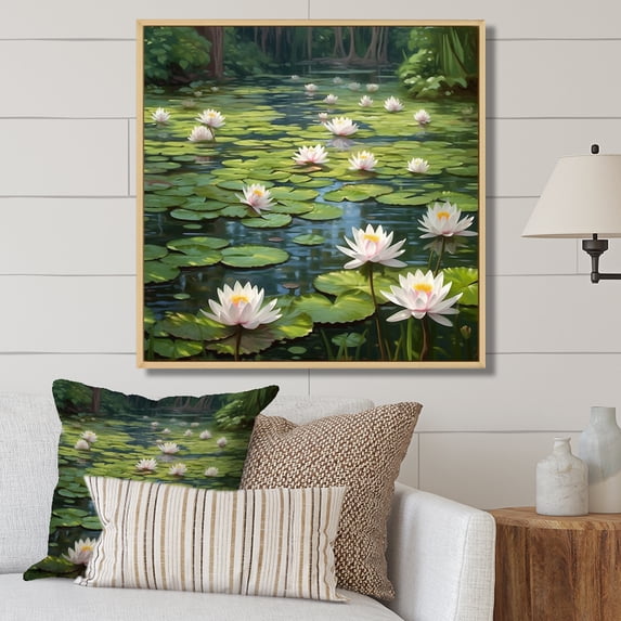 Designart "Magical Pond With Lily Pads And Lotus" Lotus Floater Framed Wall Decor