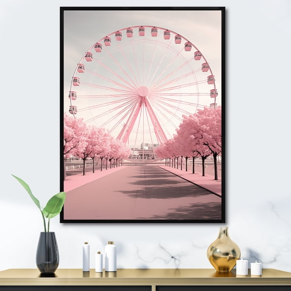 Designart "Magical Spin Pink Ferris Wheel Fantasy II" Cityscapes Floater Framed Wall Art Print