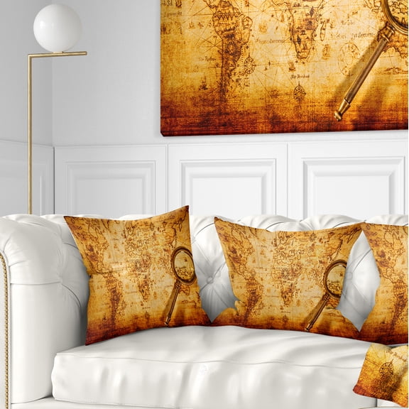 Designart Magnifying Glass on World Map - Abstract Throw Pillow - 16x16