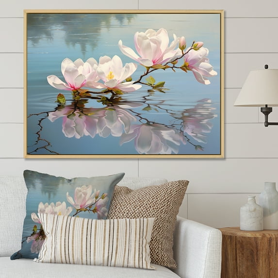 Designart "Magnolia Reflections Grey and White Beauty II" Floral Floater Framed Canvas Print