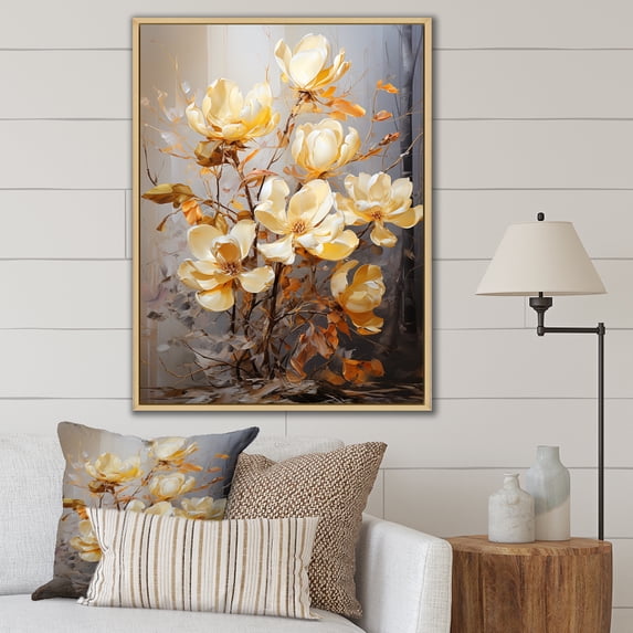 Designart "Magnolias In Golden Splendor" Magnolias Floater Framed Wall Decor