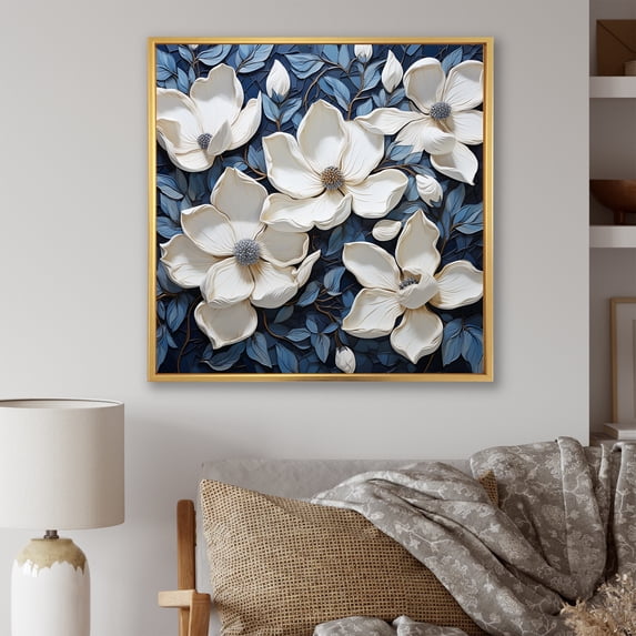 Designart "Magnolias Woven In White And Blue II" Magnolias Floater Framed Wall Art Prints