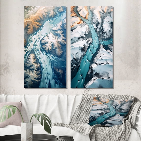 Designart "Majestic Aerial View Arctic Rivers and Icebergs II" Glacier Wall Art Set Of 2 - Country Blue Gallery Set For Office Decor