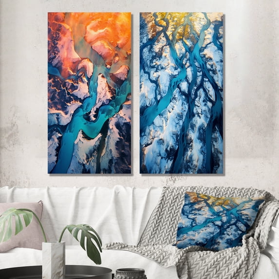 Designart "Majestic Aerial View Arctic Rivers and Icebergs III" Glacier Wall Art Set Of 2 - Country Blue Gallery Wall Set For Home Decor