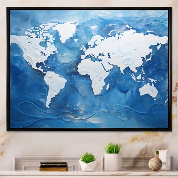Designart "Majestic Blues On The World Map I" World Map Floater Framed Canvas Wall Art
