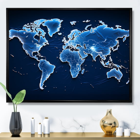 Designart "Majestic Blues On The World Map" World Map Floater Framed Wall Art Living Room