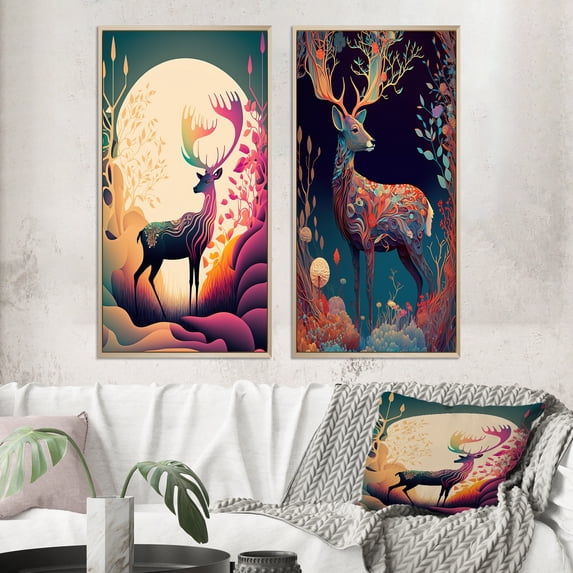 Designart "Majestic Buck Roaming in the Woods I" Animal Landscape Framed Wall Art Set Of 2 - Children's Art Cream Gallery Wall Frame Set For Home Decor