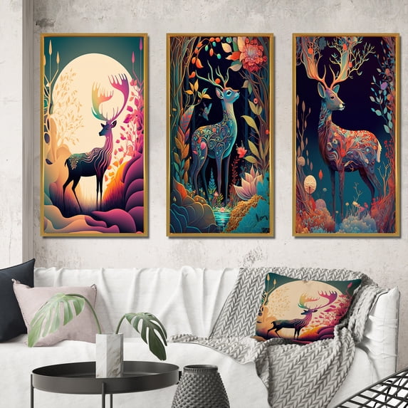 Designart "Majestic Buck Roaming in the Woods I" Animal Landscape Framed Wall Art Set Of 3 - Cream Children's Art Frame Canvas Set For Living Room Decor