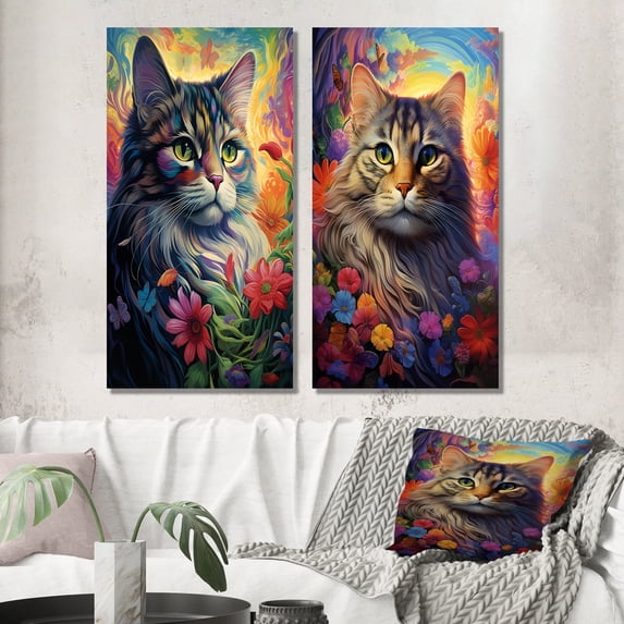 Designart "Majestic Cat Portrait with Flowers III" Animals Cat Wall Art Set Of 2 - Children's Art Yellow Gallery Set For Office Decor
