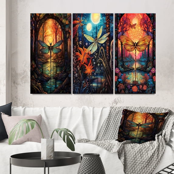 Designart "Majestic Dragonfly in an Enchanted Forest III" Animals Dragonfly Wall Art Set Of 3 - Dragonfly Blue Canvas Set For Living Room Decor