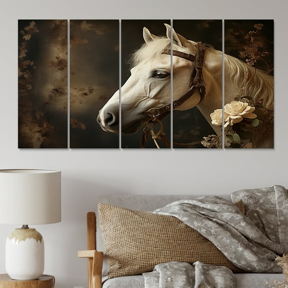 Designart "Majestic Duality White Beige Horse" Animals Metal Art Print Set
