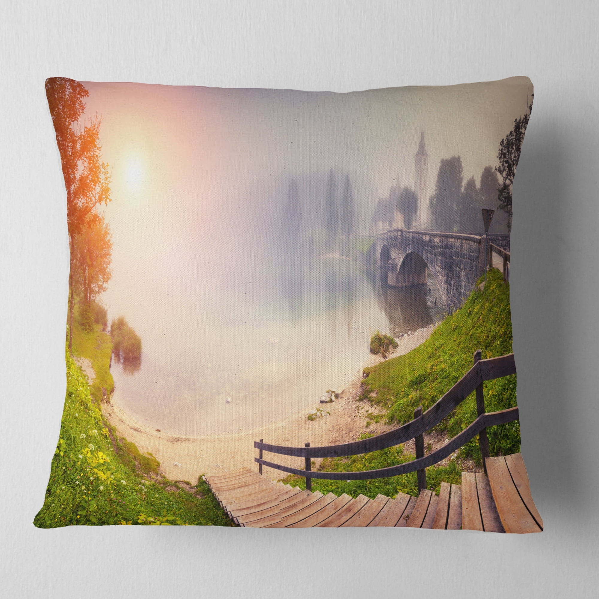 Designart Majestic Foggy Morning in Lake - Landscape Printed Throw Pillow - 16x16