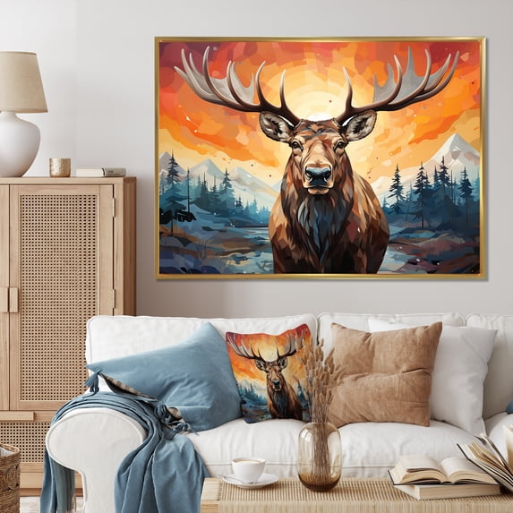 Designart "Majestic Geometric Moose Brown and Orange Elegance III" Animals Floater Framed Canvas Art Print