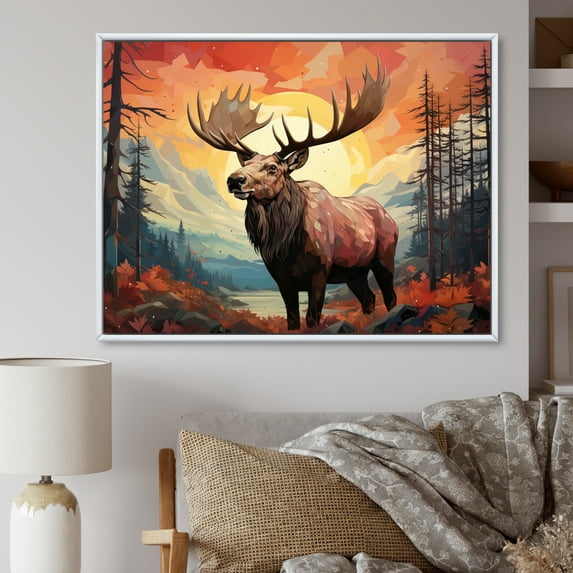 Designart "Majestic Geometric Moose in Brown Peach" Animals Floater Framed Canvas Print