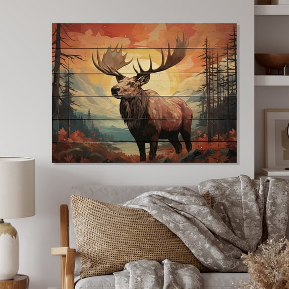 Designart "Majestic Geometric Moose in Brown Peach" Animals Print on Natural Pine Wood