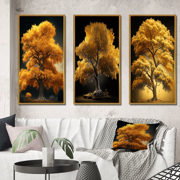 Designart "Majestic Golden Tree in Vibrant Yellow III" Forest Framed Wall Art Set Of 3 - Yellow Traditional Frame Canvas Set For Living Room Decor
