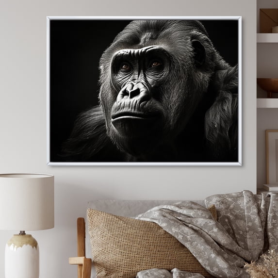 Designart "Majestic Gorilla Monochrome Wildlife I" Animals Floater Framed Wall Decor
