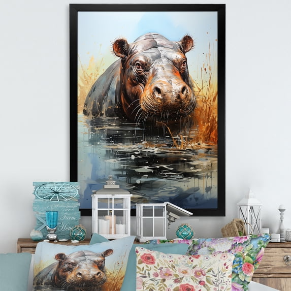 Designart "Majestic Hippo Elegance in Grey V" Animals Framed Wall Art - Modern Grey Hippopotamus Entryway Framed Wall Art Print