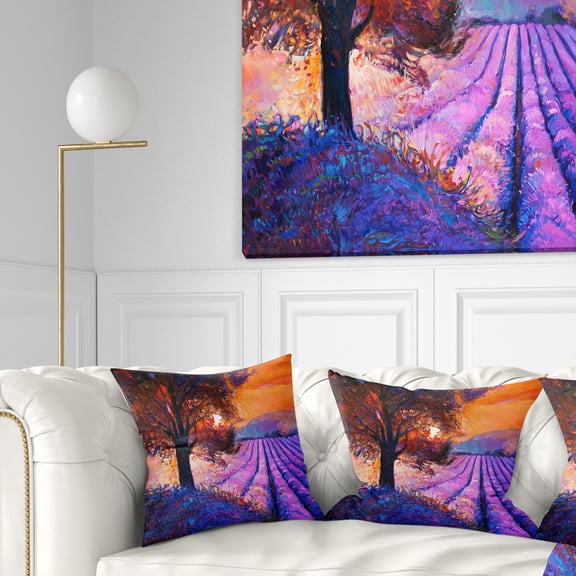 Designart Majestic Lavender Field and Tree - Floral Throw Pillow - 18x18