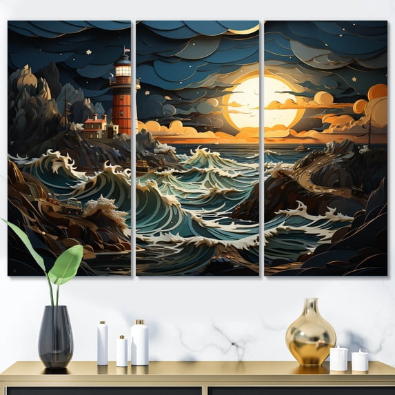 Designart "Majestic Lighthouse on the Coast II" Nautical & Beach Wall Art Prints Set