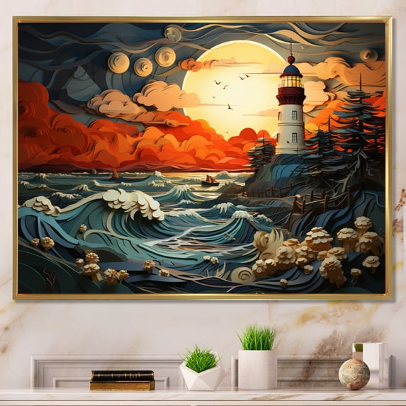 Designart "Majestic Lighthouse on the Coast III" Nautical & Beach Floater Framed Canvas Print