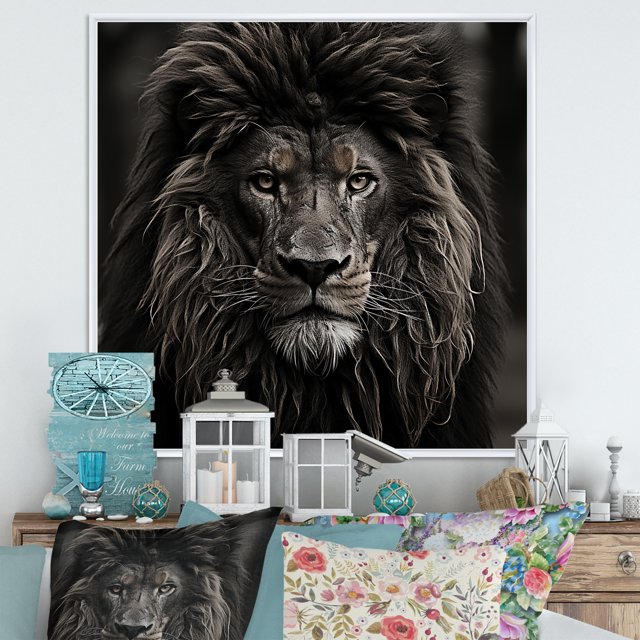 Designart "Majestic Lion Portrait in Black and White" Animals Framed