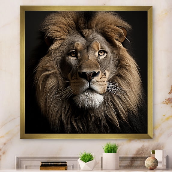 Designart "Majestic Lion Portrait in Dark Tones" Animals Framed Wall Art Decor - Modern Brown Lion Living Room Framed Canvas Art