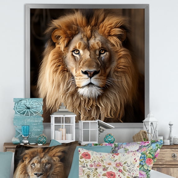 Designart "Majestic Lion in Brown Portrait I" Animals Framed Wall Art Decor - Modern Brown Lion Living Room Framed Canvas Art