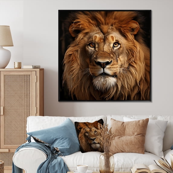 Designart "Majestic Lion in Brown Portrait II" Animals Framed Wall Art - Traditional Brown Lion Bedroom Framed Canvas Wall Art