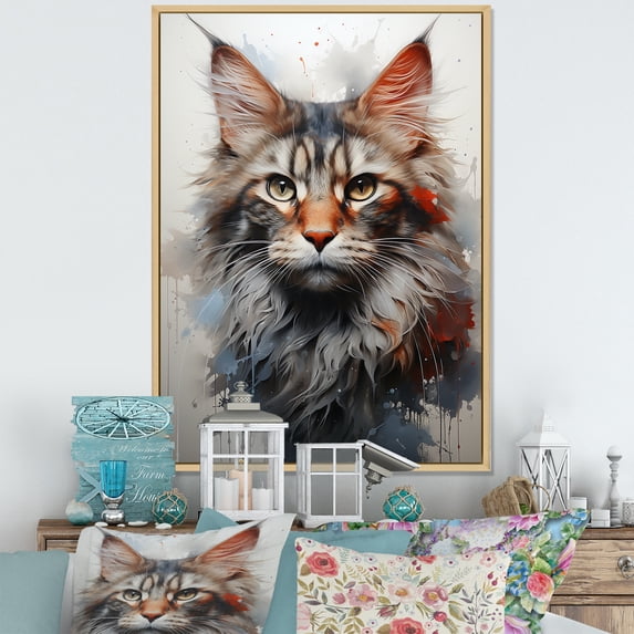 Designart "Majestic Maine Coon Feline I" Animals Cat Floater Framed Canvas Wall Art