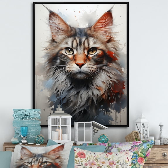 Designart "Majestic Maine Coon Feline I" Animals Cat Floater Framed Canvas Wall Art
