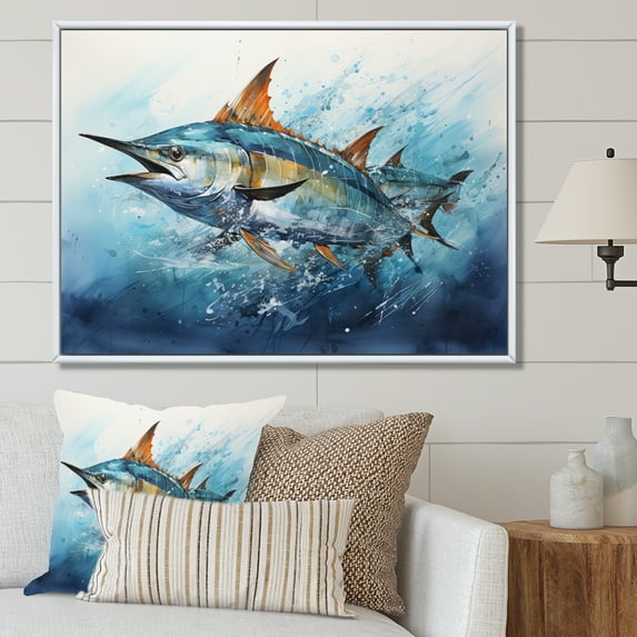 Designart "Majestic Marlins in Fishing I" Animals Floater Framed Canvas Wall Art